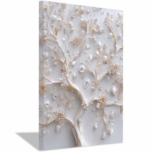 WUFIEA Baum des Lebens Modern Leinwandbild Diamantbaum Wohnzimmer Schlafzimmer Wandbild(Weiß)-70x100cm Gerahmt von WUFIEA