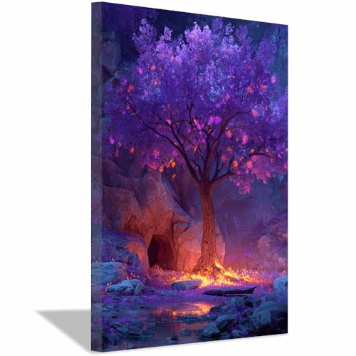 WUFIEA Baum des Lebens Modern Leinwandbild Flammenwurzelbaum Wohnzimmer Schlafzimmer Wandbild(Lila)-60x80cm Gerahmt von WUFIEA