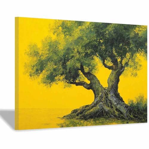 WUFIEA Baum des Lebens Modern Leinwandbild Gelber Hintergrundbaum Wohnzimmer Schlafzimmer Wandbild(Gelb)-40x60cm Gerahmt von WUFIEA