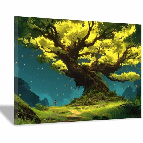 WUFIEA Baum des Lebens Modern Leinwandbild Glühwürmchenbaum Wohnzimmer Schlafzimmer Wandbild(Armee Grün)-60x90cm Gerahmt von WUFIEA