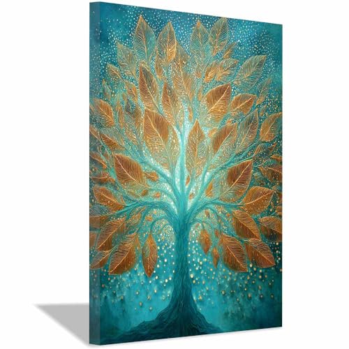 WUFIEA Baum des Lebens Modern Leinwandbild Goldbaum Wohnzimmer Schlafzimmer Wandbild(Minzgrün)-20x30cm Gerahmt von WUFIEA
