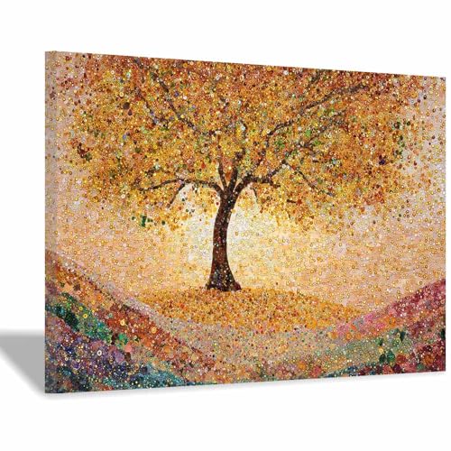 WUFIEA Baum des Lebens Modern Leinwandbild Goldener Laubbaum Wohnzimmer Schlafzimmer Wandbild(Gelb)-40x60cm Gerahmt von WUFIEA