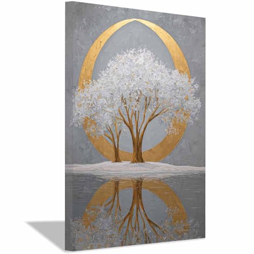 WUFIEA Baum des Lebens Modern Leinwandbild Goldener Ringbaum Wohnzimmer Schlafzimmer Wandbild(Beige)-60x90cm Gerahmt von WUFIEA