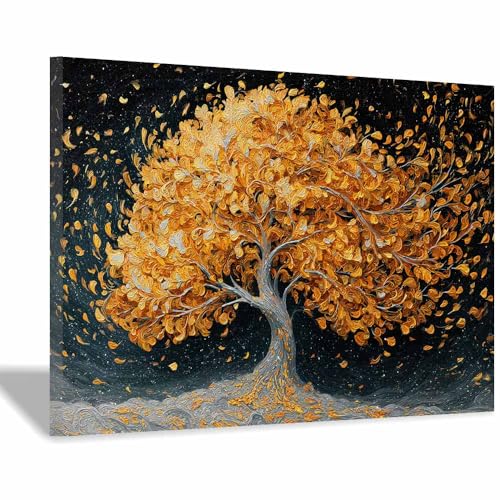 WUFIEA Baum des Lebens Modern Leinwandbild Herbstbaum Wohnzimmer Schlafzimmer Wandbild(Gelb)-60x90cm Gerahmt von WUFIEA