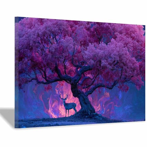 WUFIEA Baum des Lebens Modern Leinwandbild Hirsch-Begleitbaum Wohnzimmer Schlafzimmer Wandbild(Violett)-70x100cm Gerahmt von WUFIEA