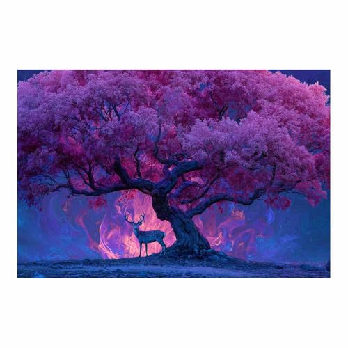 WUFIEA Baum des Lebens Modern Leinwandbild Hirsch-Begleitbaum Wohnzimmer Schlafzimmer Wandbild(Violett)-70x100cm Ungerahmt von WUFIEA