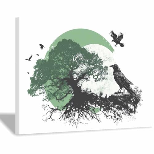 WUFIEA Baum des Lebens Modern Leinwandbild Krähenbegleitbaum Wohnzimmer Schlafzimmer Wandbild(Grün)-60x80cm Gerahmt von WUFIEA