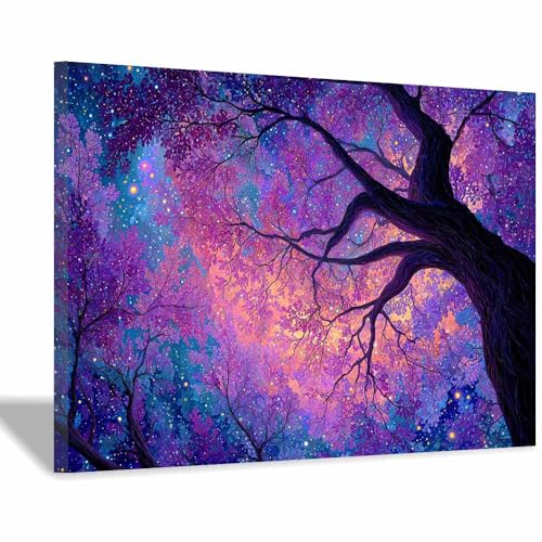 WUFIEA Baum des Lebens Modern Leinwandbild Lila Nachtbaum Wohnzimmer Schlafzimmer Wandbild(Rosenrot)-70x100cm Gerahmt von WUFIEA
