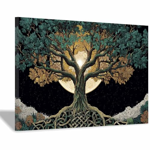 WUFIEA Baum des Lebens Modern Leinwandbild Mondbaum Wohnzimmer Schlafzimmer Wandbild(Dunkelgrün)-60x80cm Gerahmt von WUFIEA