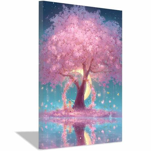 WUFIEA Baum des Lebens Modern Leinwandbild Mondkirschbaum Wohnzimmer Schlafzimmer Wandbild(Rosa)-60x90cm Gerahmt von WUFIEA