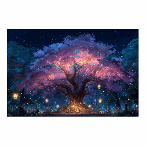 WUFIEA Baum des Lebens Modern Leinwandbild Nacht Kirschblütenbaum Wohnzimmer Schlafzimmer Wandbild(Violett)-60x90cm Ungerahmt von WUFIEA