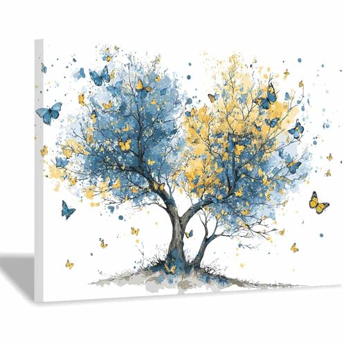 WUFIEA Baum des Lebens Modern Leinwandbild Schmetterlingsbaum Wohnzimmer Schlafzimmer Wandbild(Blau)-70x100cm Gerahmt von WUFIEA