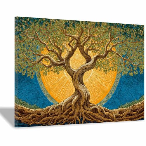 WUFIEA Baum des Lebens Modern Leinwandbild Sonnenbaum Wohnzimmer Schlafzimmer Wandbild(Bronze Farbe)-40x60cm Gerahmt von WUFIEA