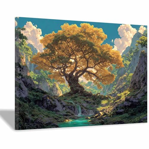 WUFIEA Baum des Lebens Modern Leinwandbild Talbaum Wohnzimmer Schlafzimmer Wandbild(Gelb)-40x60cm Gerahmt von WUFIEA