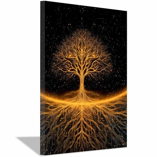 WUFIEA Baum des Lebens Modern Leinwandbild Vergoldeter Baum Wohnzimmer Schlafzimmer Wandbild(Goldene)-60x80cm Gerahmt von WUFIEA