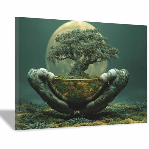 WUFIEA Baum des Lebens Modern Leinwandbild Wächterbaum Wohnzimmer Schlafzimmer Wandbild(Grün)-70x100cm Gerahmt von WUFIEA