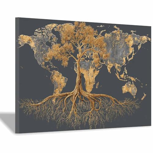 WUFIEA Baum des Lebens Modern Leinwandbild Weltenbaum Wohnzimmer Schlafzimmer Wandbild(Grau)-60x90cm Gerahmt von WUFIEA