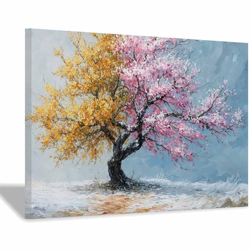 WUFIEA Baum des Lebens Modern Leinwandbild Zweifarbiger Baum Wohnzimmer Schlafzimmer Wandbild(Rosa)-60x80cm Gerahmt von WUFIEA
