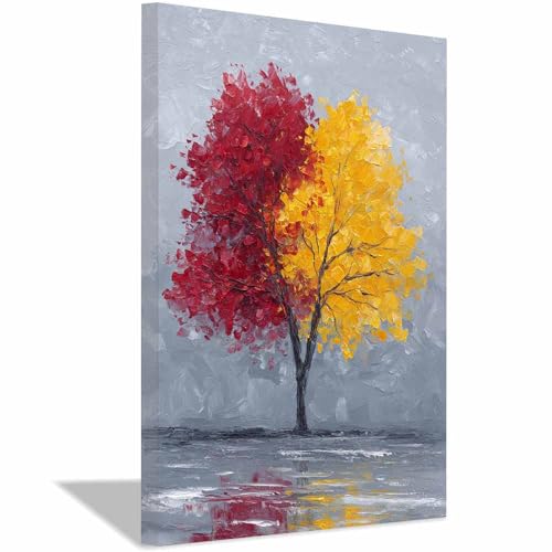 WUFIEA Baum des Lebens Modern Leinwandbild Zweifarbiger Baum Wohnzimmer Schlafzimmer Wandbild(Rot)-60x80cm Gerahmt von WUFIEA