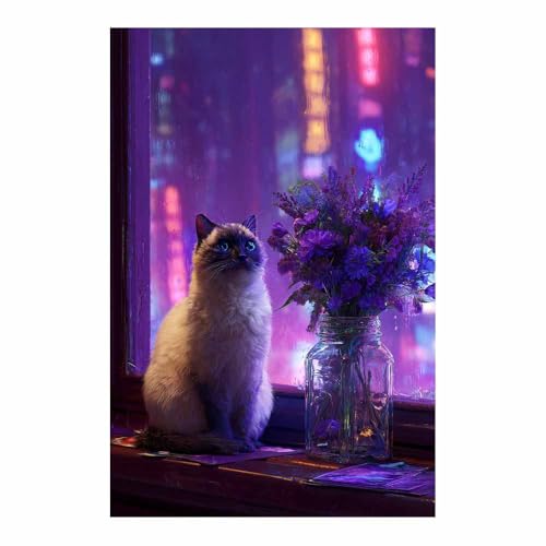 WUFIEA Katze Leinwand Gemälde Wandkunst Mog am Fenster für Badezimmer, Poster Home lustige Tier Dekoration(Violett151)-60x80cm Ungerahmt von WUFIEA