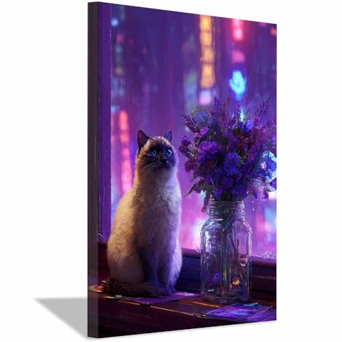 WUFIEA Katze Leinwand Gemälde Wandkunst Mog am Fenster für Badezimmer, Poster Home lustige Tier Dekoration(Violett151)-60x90cm Gerahmt von WUFIEA