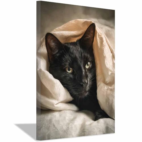 WUFIEA Katzen-Wandkunst, lustige Tier-Leinwand Bett-Mog für Badezimmer, Toilette Wohnzimmer, Schlafzimmer, Wanddekoration(schwarz188)-40x60cm Gerahmt von WUFIEA