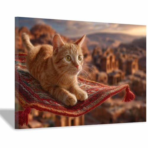 WUFIEA Katzen-Wandkunst, lustige Tier-Leinwand Fliegender Teppich-Mog für Badezimmer, Toilette Wohnzimmer, Schlafzimmer, Wanddekoration(Orange92)-40x60cm Gerahmt von WUFIEA