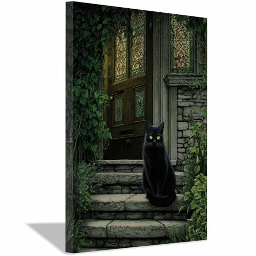 WUFIEA Katzen-Wandkunst, lustige Tier-Leinwand Mog vor der Tür für Badezimmer, Toilette Wohnzimmer, Schlafzimmer, Wanddekoration(Dunkelgrün158)-60x90cm Gerahmt von WUFIEA