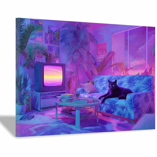 WUFIEA Katzen-Wandkunst, lustige Tier-Leinwand Sofa-Mog für Badezimmer, Toilette Wohnzimmer, Schlafzimmer, Wanddekoration(Violett89)-70x100cm Gerahmt von WUFIEA