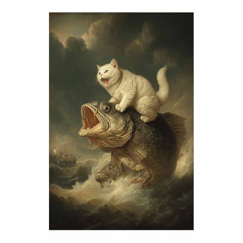 WUFIEA Leinwandbild mit Katzenmotiv, lustiges Tier Auf einem Fisch reiten-Miau Wohnzimmer Schlafzimmer Badezimmer Halloween Wanddekoration(Apriksfarbe261)-60x90cm Ungerahmt von WUFIEA