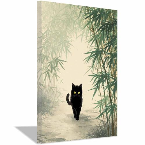 WUFIEA Leinwandbild mit Katzenmotiv, lustiges Tier Bambuswald-Mog Wohnzimmer Schlafzimmer Badezimmer Halloween Wanddekoration(Dunkelgrün192)-60x80cm Gerahmt von WUFIEA