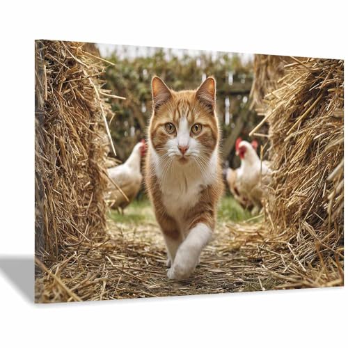 WUFIEA Leinwandbild mit Katzenmotiv, lustiges Tier Bauernhof-Mog Wohnzimmer Schlafzimmer Badezimmer Halloween Wanddekoration(Ingwer84)-60x90cm Gerahmt von WUFIEA