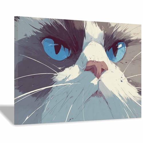 WUFIEA Leinwandbild mit Katzenmotiv, lustiges Tier Blauäugiger Mog Wohnzimmer Schlafzimmer Badezimmer Halloween Wanddekoration(Blau Weiß45)-40x60cm Gerahmt von WUFIEA