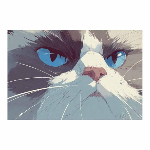 WUFIEA Leinwandbild mit Katzenmotiv, lustiges Tier Blauäugiger Mog Wohnzimmer Schlafzimmer Badezimmer Halloween Wanddekoration(Blau Weiß45)-40x60cm Ungerahmt von WUFIEA
