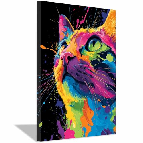 WUFIEA Leinwandbild mit Katzenmotiv, lustiges Tier Bunter Mog Wohnzimmer Schlafzimmer Badezimmer Halloween Wanddekoration(Mehrfarbige273)-40x60cm Gerahmt von WUFIEA
