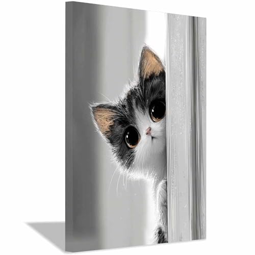 WUFIEA Leinwandbild mit Katzenmotiv, lustiges Tier Durch Vorhänge spähender Mog Wohnzimmer Schlafzimmer Badezimmer Halloween Wanddekoration(Hellgrau279)-20x30cm Gerahmt von WUFIEA