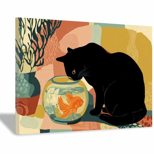 WUFIEA Leinwandbild mit Katzenmotiv, lustiges Tier Fischbeobachtender Mog Wohnzimmer Schlafzimmer Badezimmer Halloween Wanddekoration(Schokolade Braun06)-20x30cm Gerahmt von WUFIEA