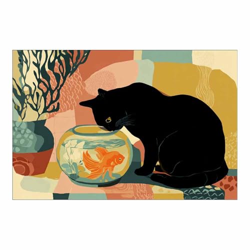 WUFIEA Leinwandbild mit Katzenmotiv, lustiges Tier Fischbeobachtender Mog Wohnzimmer Schlafzimmer Badezimmer Halloween Wanddekoration(Schokolade Braun06)-60x80cm Ungerahmt von WUFIEA