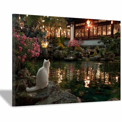 WUFIEA Leinwandbild mit Katzenmotiv, lustiges Tier Gartenmog Wohnzimmer Schlafzimmer Badezimmer Halloween Wanddekoration(Dunkelgrün138)-70x100cm Gerahmt von WUFIEA