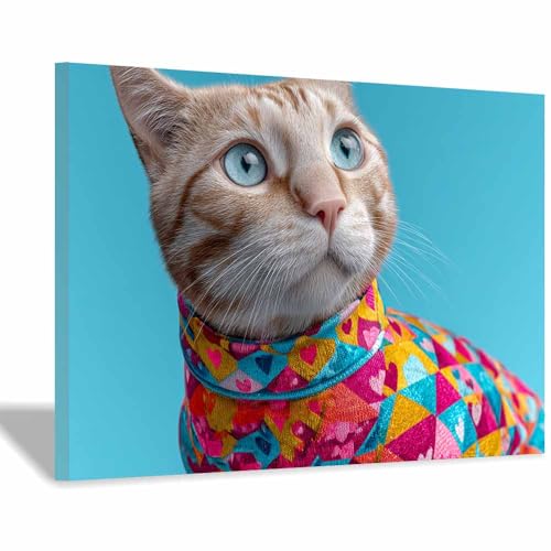 WUFIEA Leinwandbild mit Katzenmotiv, lustiges Tier Gescheckter Mog Wohnzimmer Schlafzimmer Badezimmer Halloween Wanddekoration(Blau42)-70x100cm Gerahmt von WUFIEA
