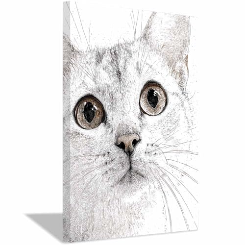 WUFIEA Leinwandbild mit Katzenmotiv, lustiges Tier Große Augen-Miau Wohnzimmer Schlafzimmer Badezimmer Halloween Wanddekoration(Schwarz Weiß255)-60x80cm Gerahmt von WUFIEA