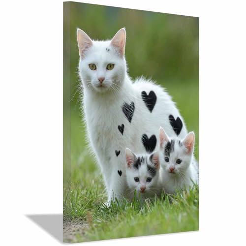 WUFIEA Leinwandbild mit Katzenmotiv, lustiges Tier Herzmuster-Miau Wohnzimmer Schlafzimmer Badezimmer Halloween Wanddekoration(Weiß246)-60x90cm Gerahmt von WUFIEA