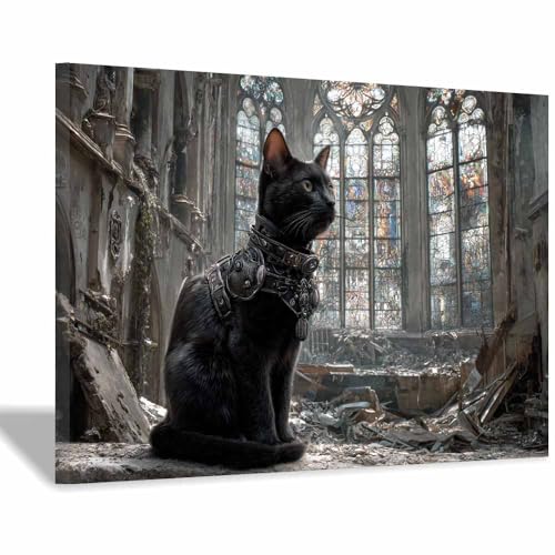 WUFIEA Leinwandbild mit Katzenmotiv, lustiges Tier Kirchen-Mog Wohnzimmer Schlafzimmer Badezimmer Halloween Wanddekoration(Grau21)-40x60cm Gerahmt von WUFIEA