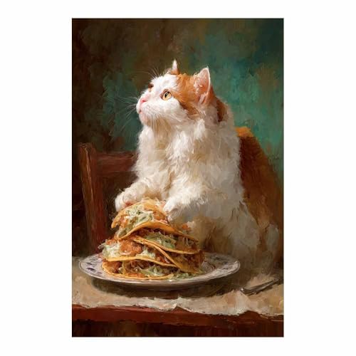 WUFIEA Leinwandbild mit Katzenmotiv, lustiges Tier Leckeres Essen-Miau Wohnzimmer Schlafzimmer Badezimmer Halloween Wanddekoration(Kaki231)-70x100cm Ungerahmt von WUFIEA