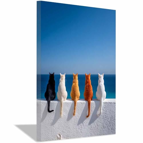 WUFIEA Leinwandbild mit Katzenmotiv, lustiges Tier Meerblick-Miau Wohnzimmer Schlafzimmer Badezimmer Halloween Wanddekoration(Blau249)-60x80cm Gerahmt von WUFIEA