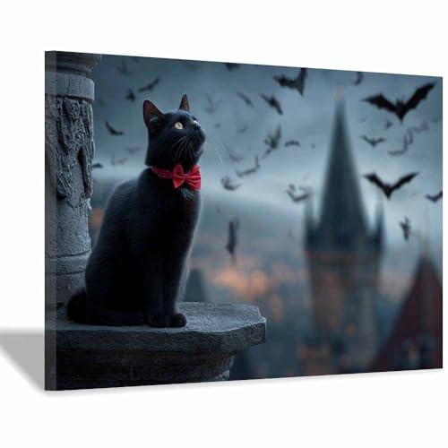 WUFIEA Leinwandbild mit Katzenmotiv, lustiges Tier Mog beobachtet Fledermäuse Wohnzimmer Schlafzimmer Badezimmer Halloween Wanddekoration(schwarz18)-70x100cm Gerahmt von WUFIEA