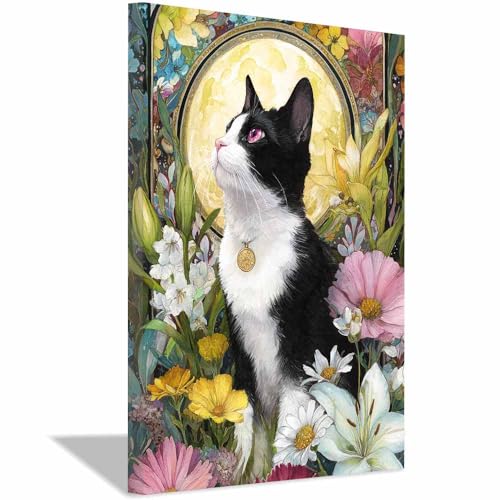 WUFIEA Leinwandbild mit Katzenmotiv, lustiges Tier Mog unter dem Mond Wohnzimmer Schlafzimmer Badezimmer Halloween Wanddekoration(Mehrfarbige153)-20x30cm Gerahmt von WUFIEA
