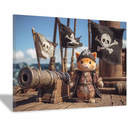 WUFIEA Leinwandbild mit Katzenmotiv, lustiges Tier Piratenmog Wohnzimmer Schlafzimmer Badezimmer Halloween Wanddekoration(Braun66)-60x80cm Gerahmt von WUFIEA