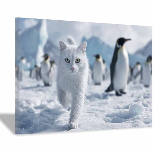 WUFIEA Leinwandbild mit Katzenmotiv, lustiges Tier Polarmog Wohnzimmer Schlafzimmer Badezimmer Halloween Wanddekoration(Blau Weiß150)-70x100cm Gerahmt von WUFIEA