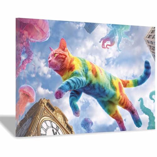 WUFIEA Leinwandbild mit Katzenmotiv, lustiges Tier Regenbogen-Mog Wohnzimmer Schlafzimmer Badezimmer Halloween Wanddekoration(Blau Weiß90)-20x30cm Gerahmt von WUFIEA